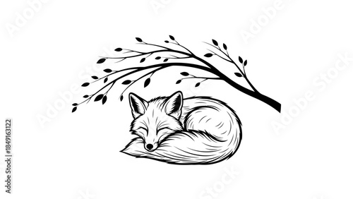 Elegant black and white illustration of resting fox beneath a leafless branch