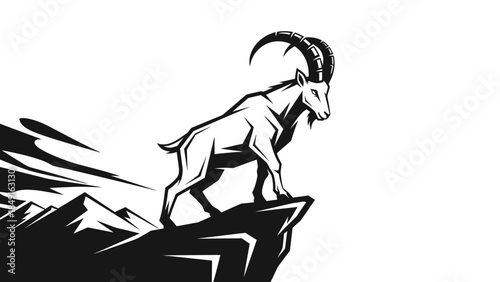 Stylized Black and White Mountain Goat Standing on Rugged Cliff Edge Illustration