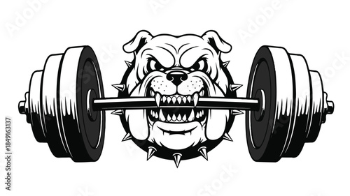 Illustration of a bulldog's head lifting a spiked barbell with a fierce expression on a plain white background.