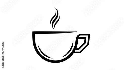 Simplified Black and White Coffee Cup Icon with Steam Abstract Design for Cafe Signage and Food