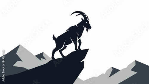 Minimalist Illustration of a Mountain Goat Standing on a Rugged Cliff Edge Akher point of a peak