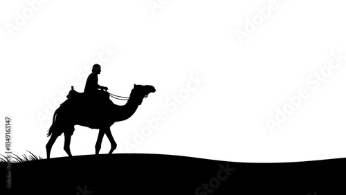 Silhouette of a person riding a camel across a desert landscape at twilight with minimalistic style