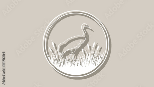 Elegant monochrome herbarium style illustration of a heron standing in grass within a circular
