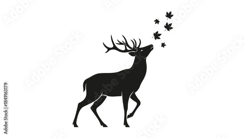 Minimalist black silhouette of a majestic elk with autumn leaves flowing from its antlers