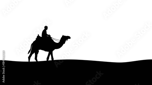 Silhouette of a person riding a camel against a stark white background capturing desert travel