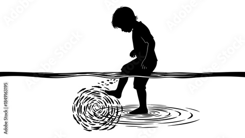 Silhouette of a Child Standing in Shallow Water Creating Ripples with Footprint