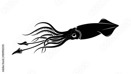 Stylized black silhouette of a squid with detailed tentacles and streamlined body