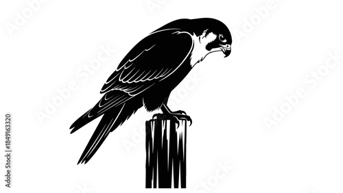 Silhouetted image of a bird perched on a wooden post in a minimalistic monochrome style