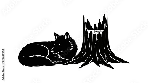 Minimalist black and white illustration of a sleeping fox resting beside a rugged tree stump with