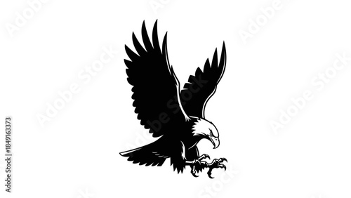 Dynamic black and white illustration of an aggressive eagle in flight with detailed feathering and