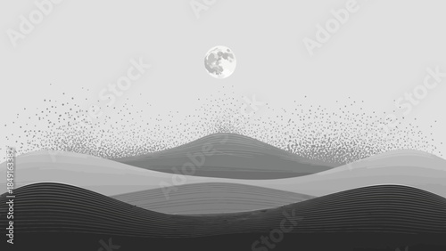 Minimalist monochrome landscape featuring rolling hills under a luminous full moon in serene