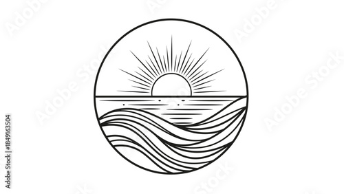 Minimalist Circular Line Art Depiction of Sun and Ocean Waves in a Monochrome Style