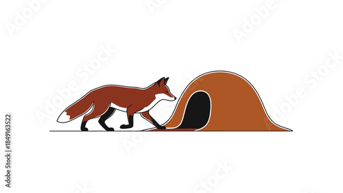 illustration of a fox approaching a simple burrow with minimalistic design in earthy tones