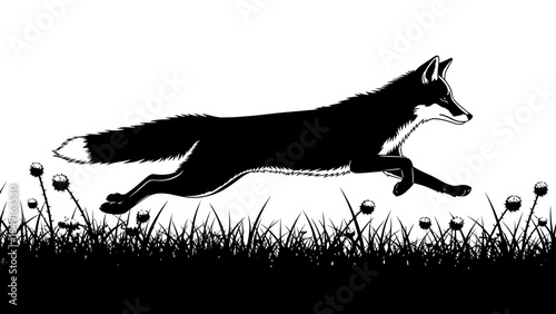 Silhouette of a fox sprinting across a grassy field adorned with small wildflowers showcasing