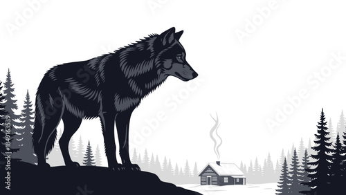 Majestic wolf standing on a hill overlooking a serene woodland landscape with smoke rising from a
