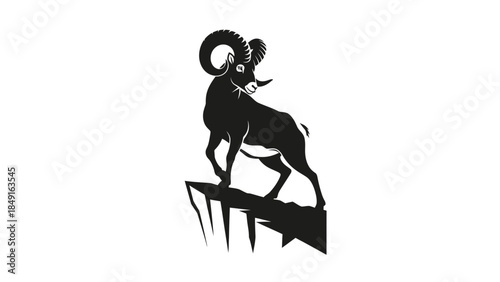 Stylized black silhouette of a mountain goat standing on a rocky ledge with prominent curved horns