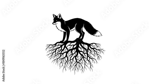 Intricate black and white illustration of a fox with detailed root system underneath symbolizing