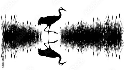 Serene Reflection of a Heron Standing Amid Tall Marsh Grass in Silhouette Style