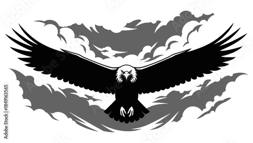 Majestic soaring eagle with outstretched wings in a dramatic monochrome landscape scene