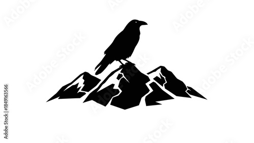 Minimalist Black Silhouette of a bird perched on mountain peaks representing solitude and natural