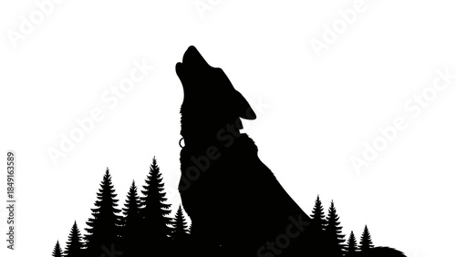 Silhouette of howling wolf surrounded by pine trees with stark contrast in black and white style
