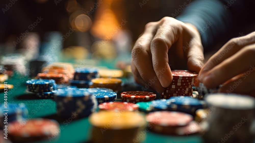 Fototapeta premium Close-up shot of hands arranging colorful poker chips on a green felt table.