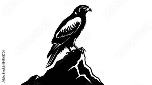 Silhouette of a majestic hawk perched on rocky outcrop in minimalistic monochrome style