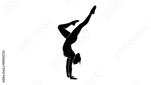 Dynamic silhouette of a woman performing a handstand showcasing flexibility and strength in movement