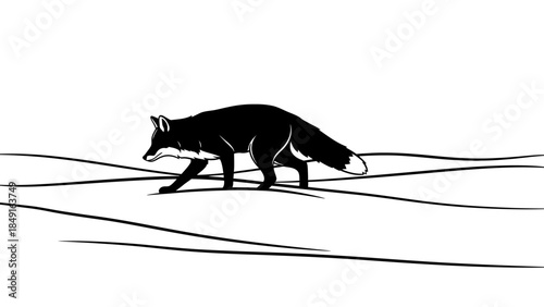 Minimalist Black and White Illustration of a Fox Traversing Snowy Terrain with Simplified Line Art