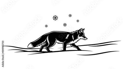 Stylized black and white illustration of a fox surrounded by snowflakes in winter landscape