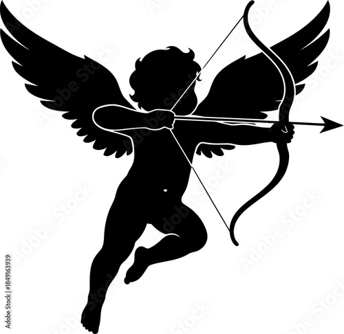 Cupid silhouette with bow and arrow in mid flight  mythological figure