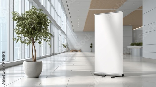 A clean and professional interior shot of a modern office hallway or corridor, designed to showcase a blank vertical roll-up banner  ideal for mockups 