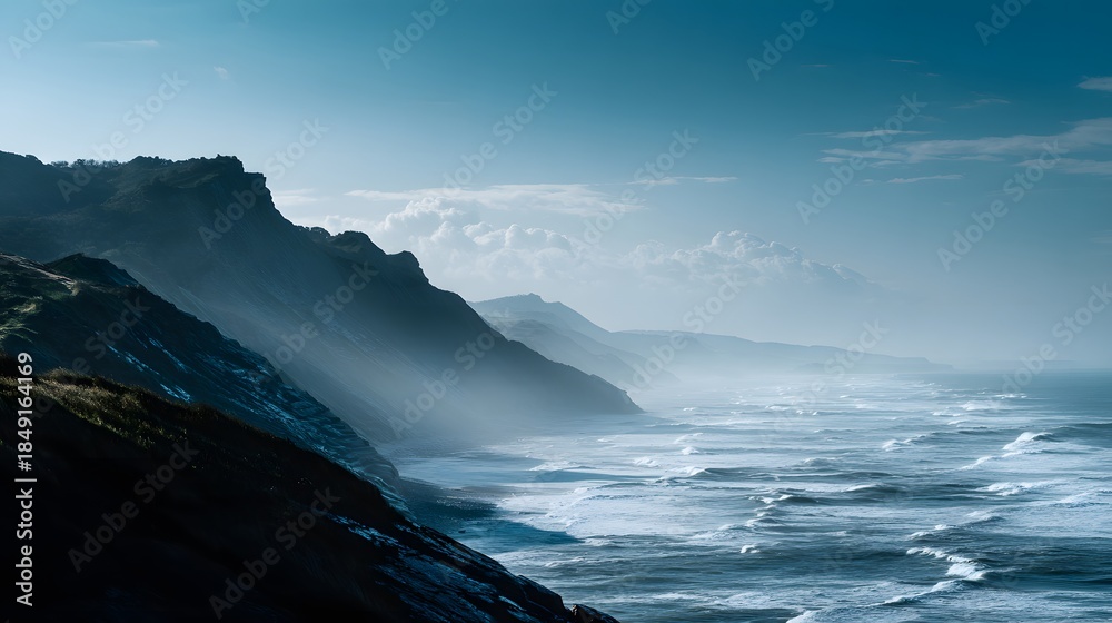 Naklejka premium Coastal Majesty - A Serene Vista of Cliffs, Ocean, and Sky in Tranquil Hues.