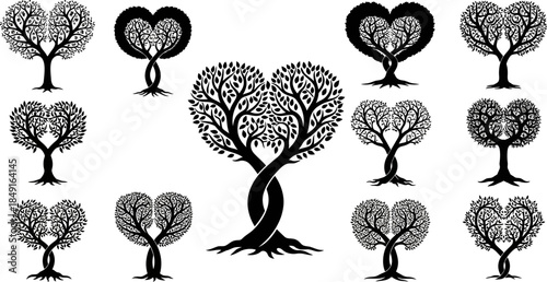 Collection of intertwined tree silhouettes with heart shaped leaves