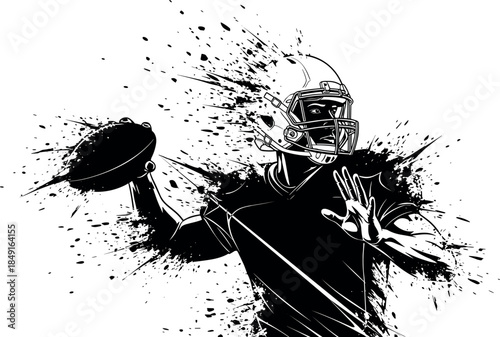 Aggressive Black and White Grunge Illustration of an American Football Quarterback Throwing a Pass, Symbolizing Dynamic Action, Competitive Power, Intensity, and Sports Performance Art