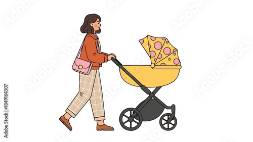 A woman pushing a yellow baby stroller with a patterned canopy, wearing an orange shirt and beige pants, against a clean white background.