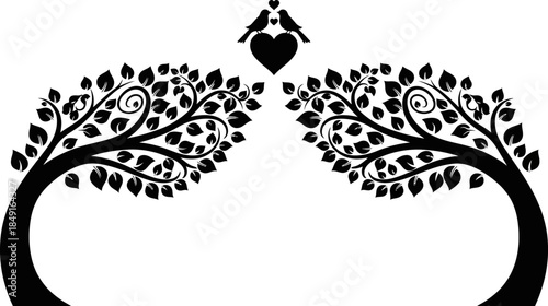 Black silhouette of trees with heart and birds on transparent background