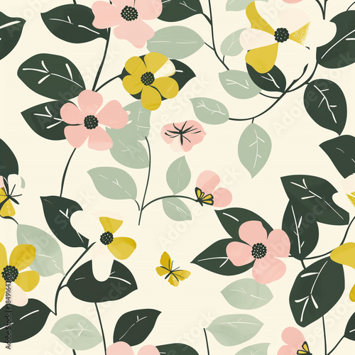 Seamless floral vector pattern with stylized spring flowers, leaves and butterflies in soft pastel tones, elegant nature background for textile, wallpaper and design