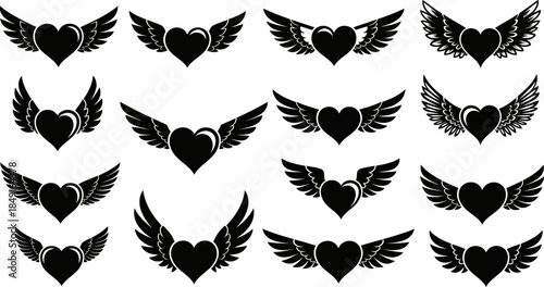 Set of heart shapes with wings in black color on white background