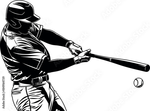 Black and white illustration of a baseball player swinging a bat hitting a ball isolated on white background,