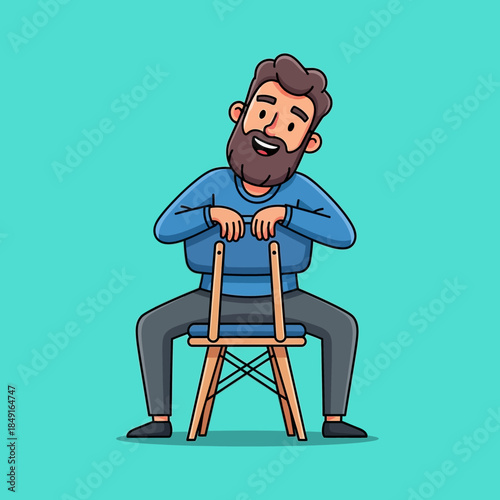 Cartoon illustration of a smiling bearded man sitting backward on a wooden chair with a teal background, looking happy and relaxed.