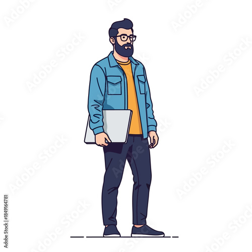 Bearded man with glasses holding a laptop, standing in a casual outfit, vector illustration.