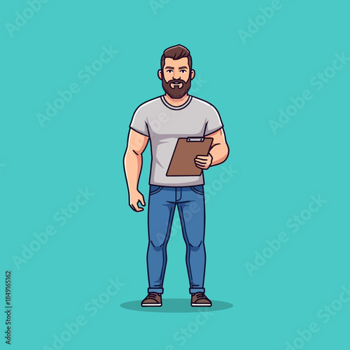 Cartoon illustration of a bearded man in a grey t-shirt and blue jeans holding a clipboard, standing against a teal background.