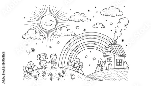 A childlike drawing of a sunny landscape with a rainbow and house