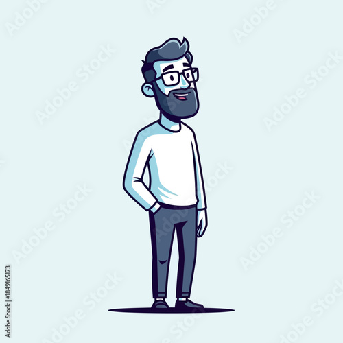 Cartoon illustration of a smiling man with a beard and glasses, standing with one hand in his pocket, in a minimalist style.