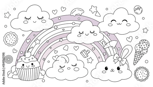 Whimsical cloud friends under a colorful rainbow