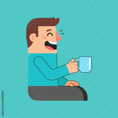 A cartoon man with brown hair, wearing a blue shirt, laughing joyfully while holding a light blue mug against a teal background.