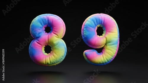 Soft colorful numbers eight and nine float in dark space.