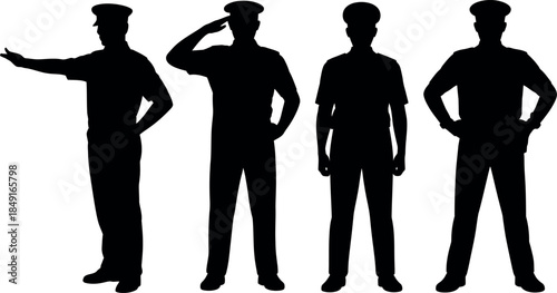 Silhouettes of four men in various poses wearing uniforms and caps