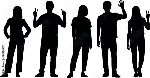 Silhouettes of people in different poses on white background